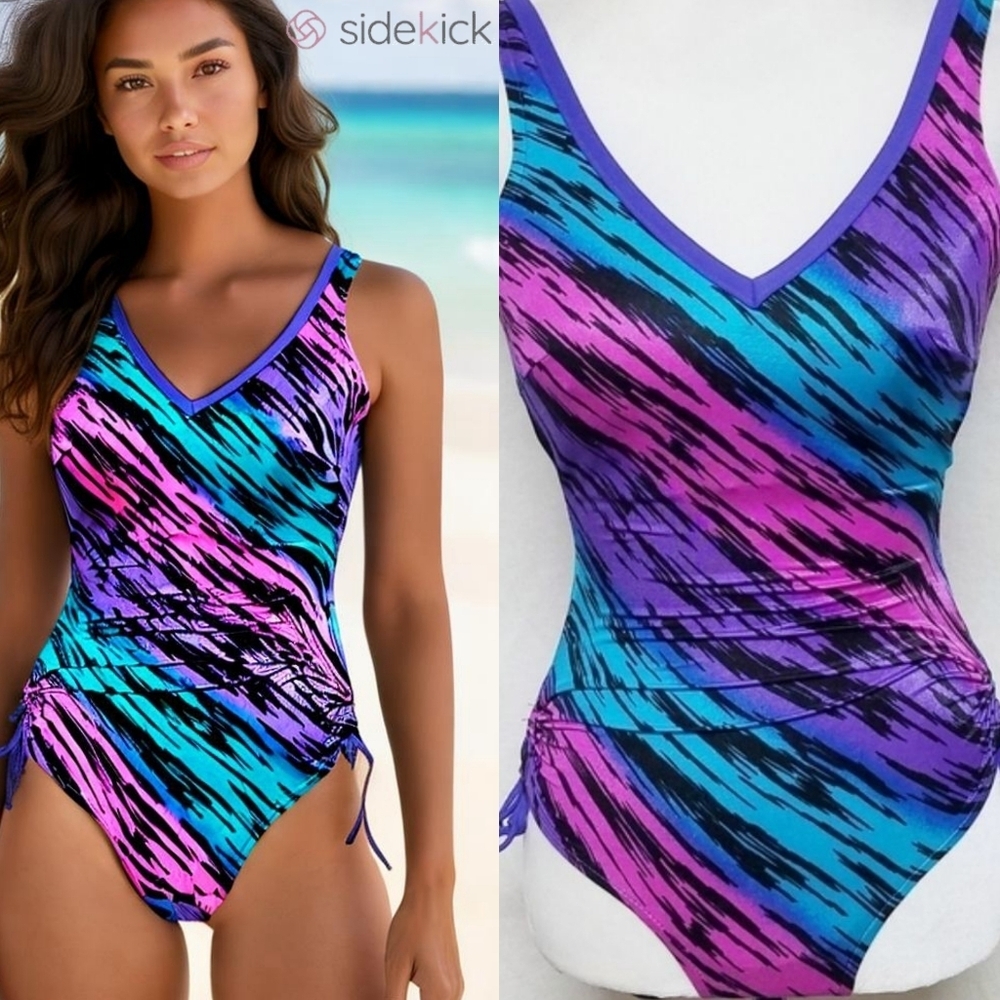 Robby Len Vintage 70s Neon Zebra Maillot Swimsuit Low Cut One-Piece Swimsuit 10